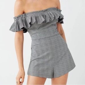 Urban Outfitters Off the shoulder ruffled plaid romper